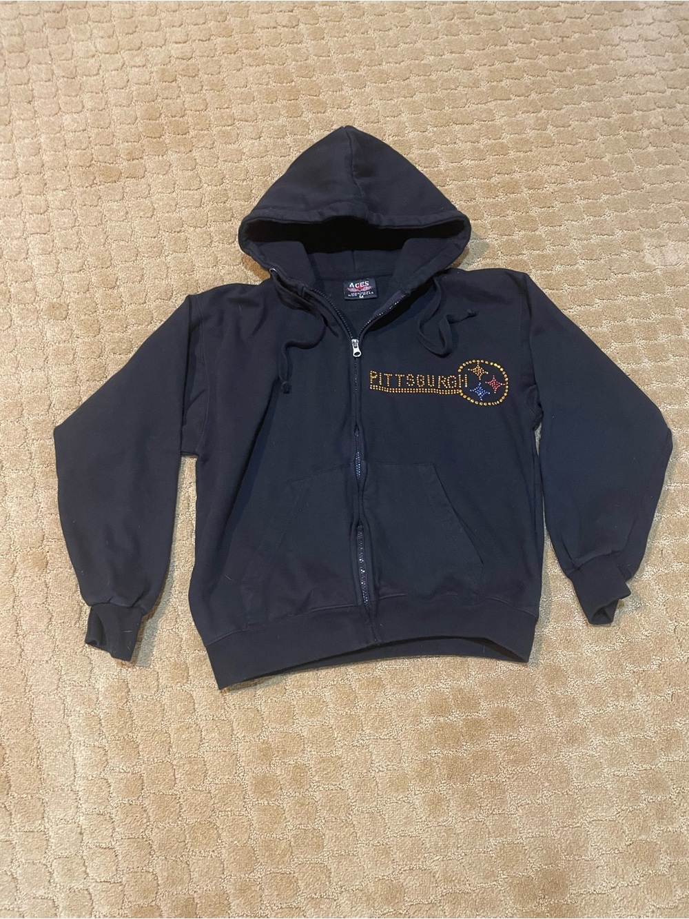 Womens Black Hooded Zip-Up Jacket with Pittsburgh Embroidery